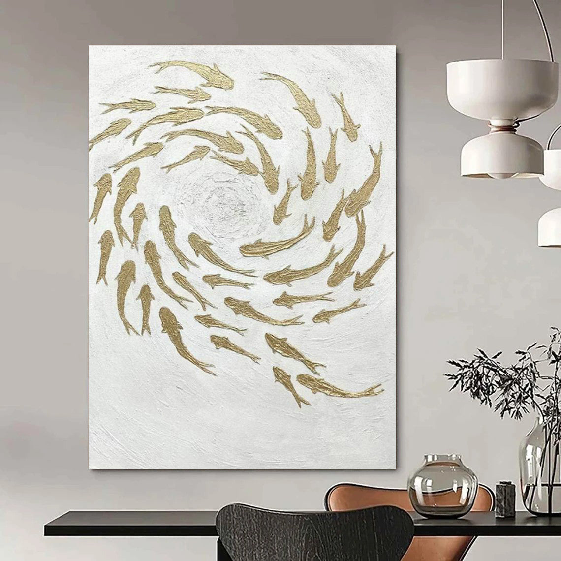 Golden Fish Swirl Art for Feng Shui - themed Home & Luxury Restaurant DLZ2244