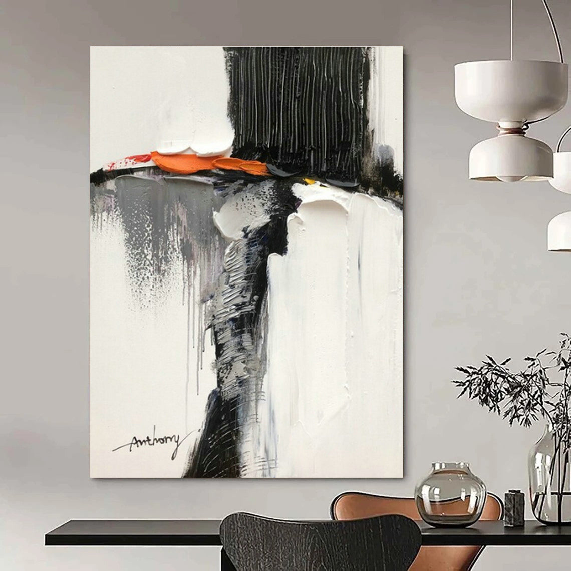Black - White - Orange Abstract Art for Art Gallery Pop - Up & Trendy Restaurant Dining Area DLZ1673