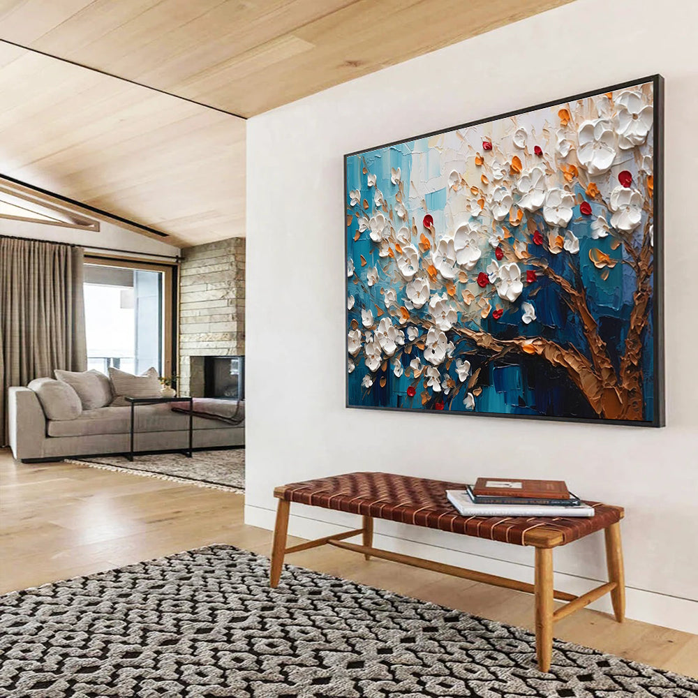 Blue - Background White Flower Tree Art for Coastal Café Outdoor Seating Walls DLZ3272