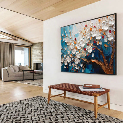 Blue - Background White Flower Tree Art for Coastal Café Outdoor Seating Walls DLZ3272