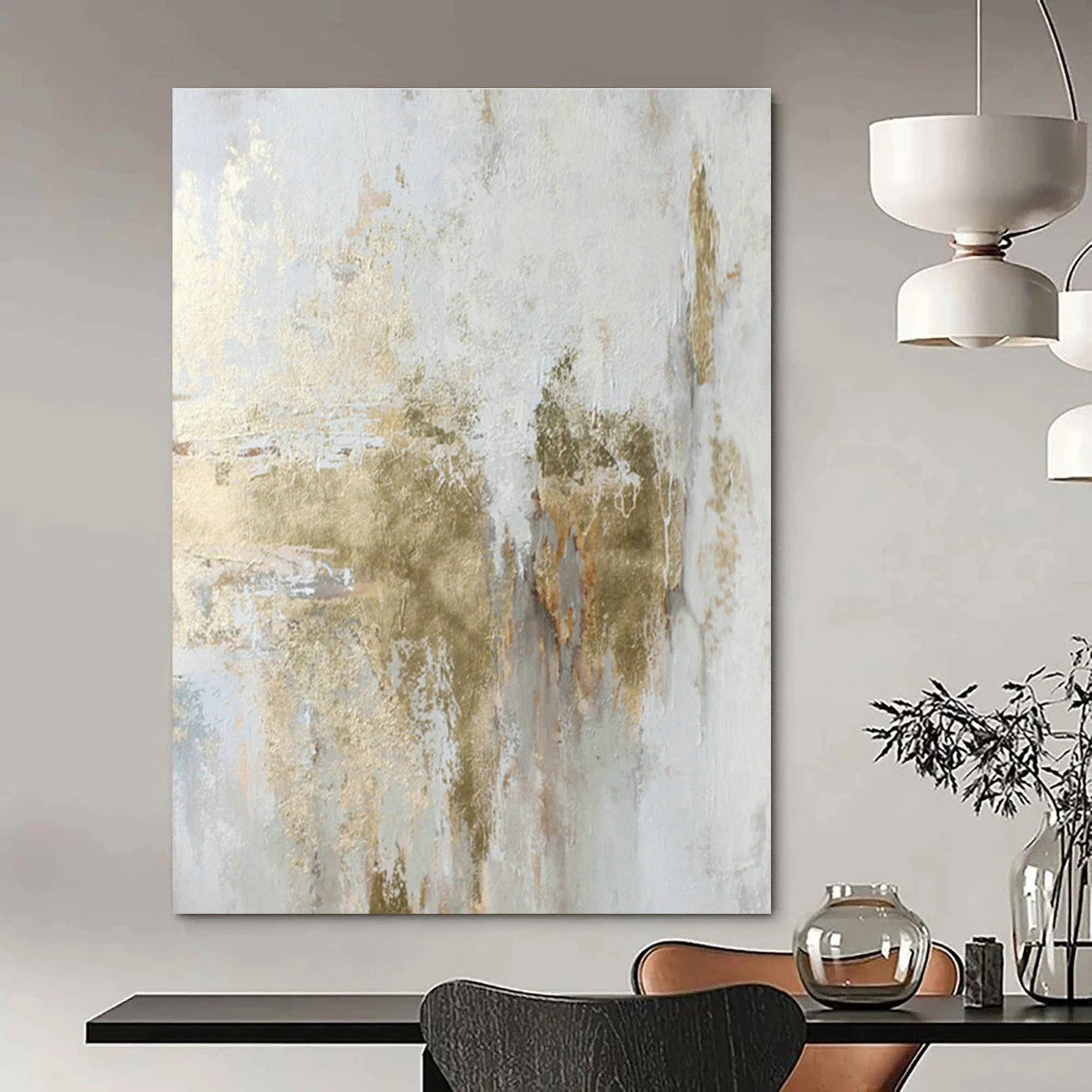 White and Gold Abstract Textured Art for Coastal Villa Bedroom & Upscale Spa Retreat DLZ1013