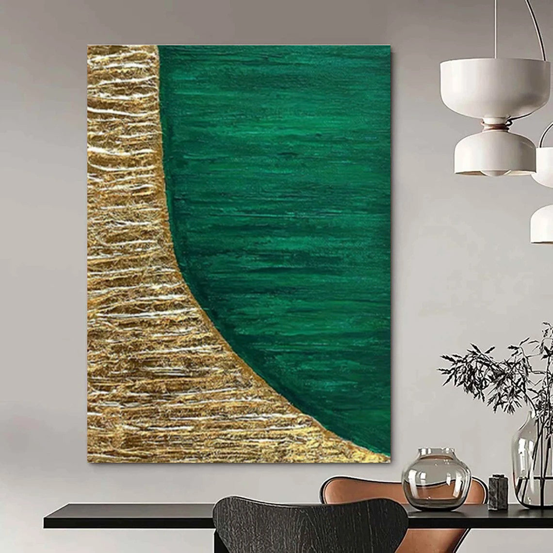 Gold - Green Semi - Circle Abstract Art for Luxury Hotel Room & Fine Dining Restaurant DLZ1226