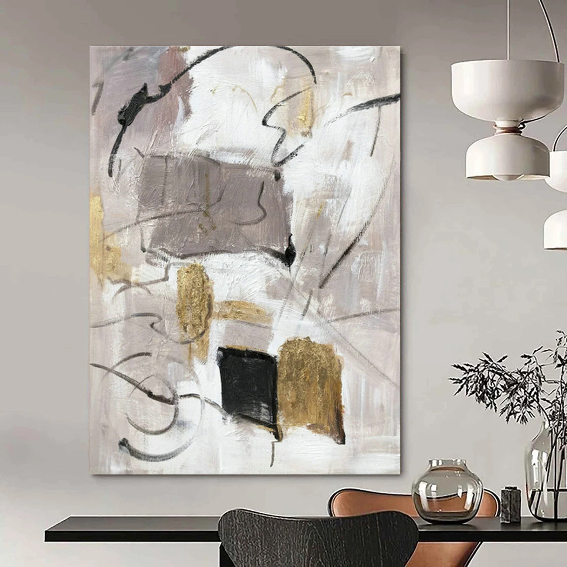 Gray - Gold Abstract Painting for Modern Minimalist Office & Luxury Hotel Suite DLZ1292