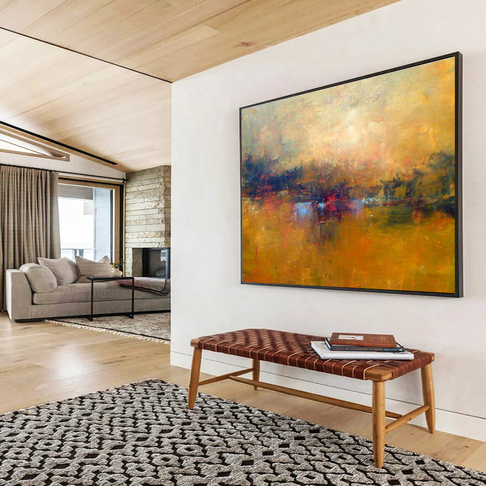 Warm Yellow Lakeside Landscape Artwork to Create a Cozy and Inviting Living Room Retreat DLZ2783