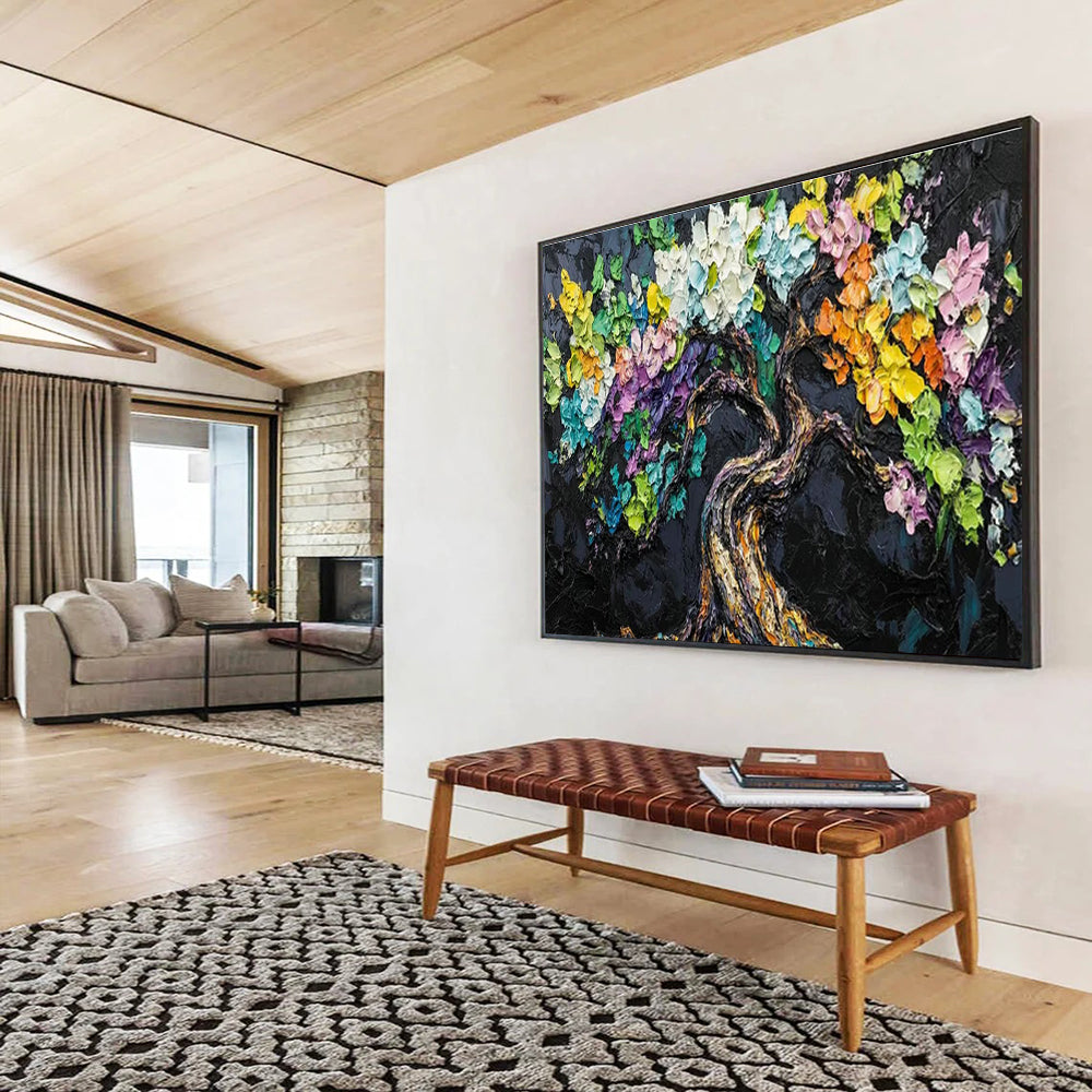 Colorful Tree Black Background Art for Eclectic Home Library Accent Walls DLZ3209