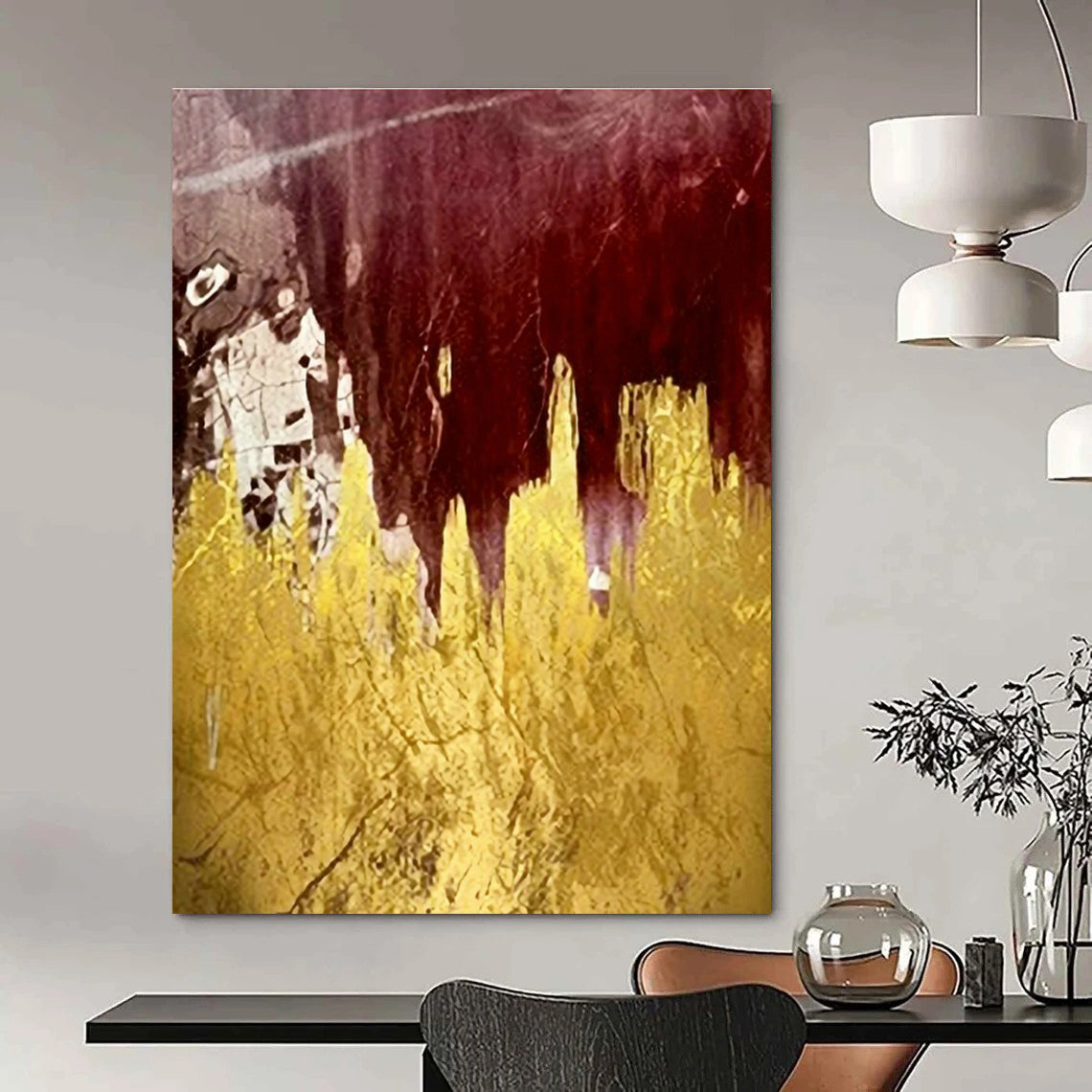 Burgundy & Gold Foil Abstract Art for Upscale Restaurant & Bohemian - Chic Bedroom DLZ1343