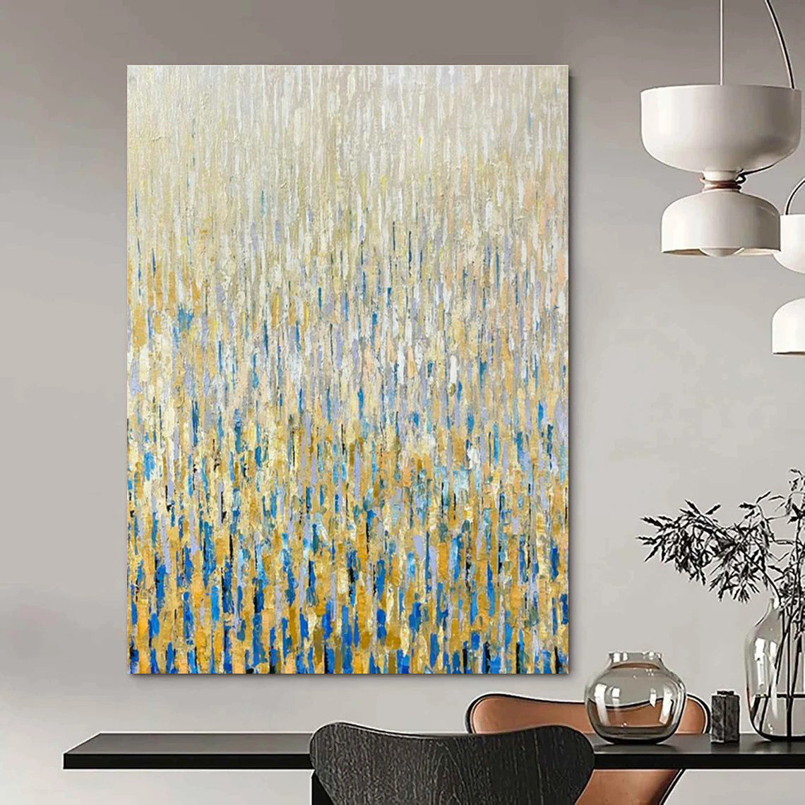 Gold - Blue Rain Abstract Art for Luxury Hotel Lobby Sides & Rooftop Bar Ambiance Walls DLZ0295