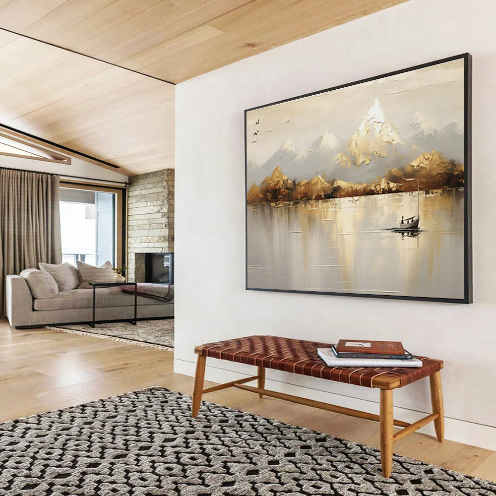 Mountain - Lake Boat Oil Painting for Rustic Cabin Living Areas DLZ2542