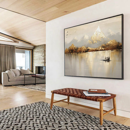 Mountain - Lake Boat Oil Painting for Rustic Cabin Living Areas DLZ2542