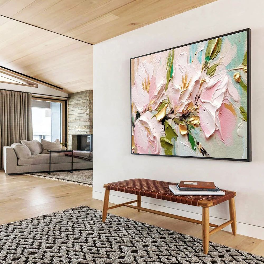 Pink and Gold Floral Oil Painting for Chic Dining Room Accents DLZ2637