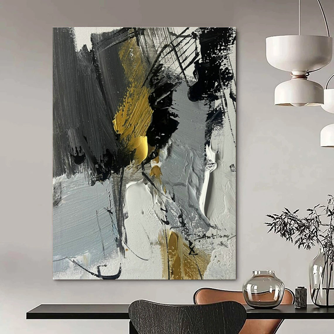 Gray - Black - Gold Abstract Art for Corporate Boardroom & Upscale Home Library DLZ1674