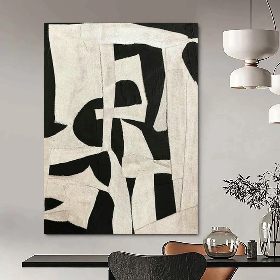 Black - White Collage Abstract Art for Industrial Loft & Home Dining Room DLZ1144