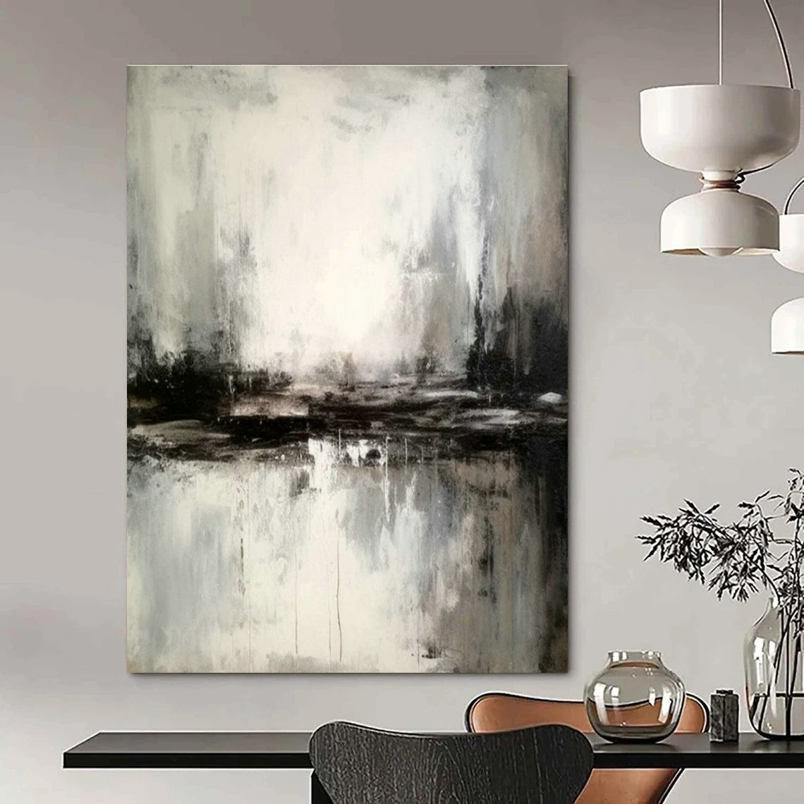 Black - White - Gray Reflection Abstract Art for Minimalist Home & Art Gallery Lounge DLZ1815