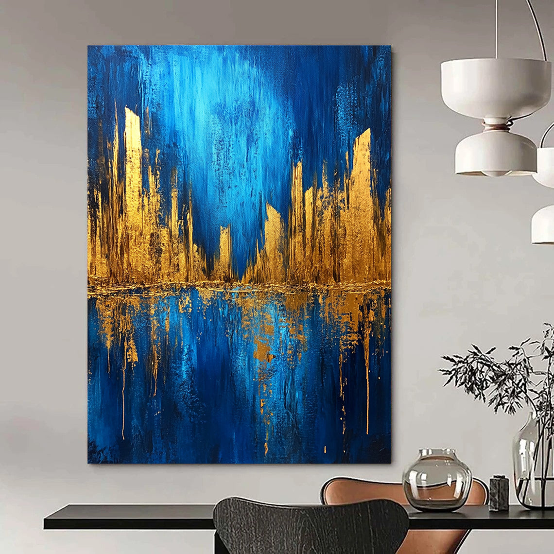 Blue and Gold Cityscape for Modern Living Room & Travel - Lover’s Lounge STSC578
