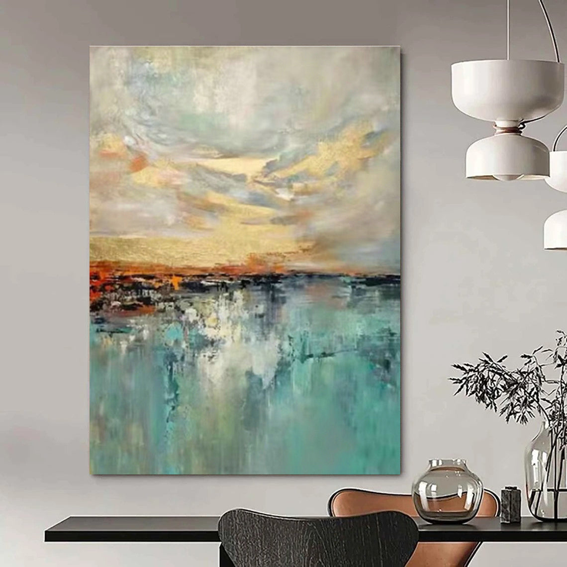 Golden - Blue Blended Landscape Abstract for Living Room & Hotel Lobby DLZ0581