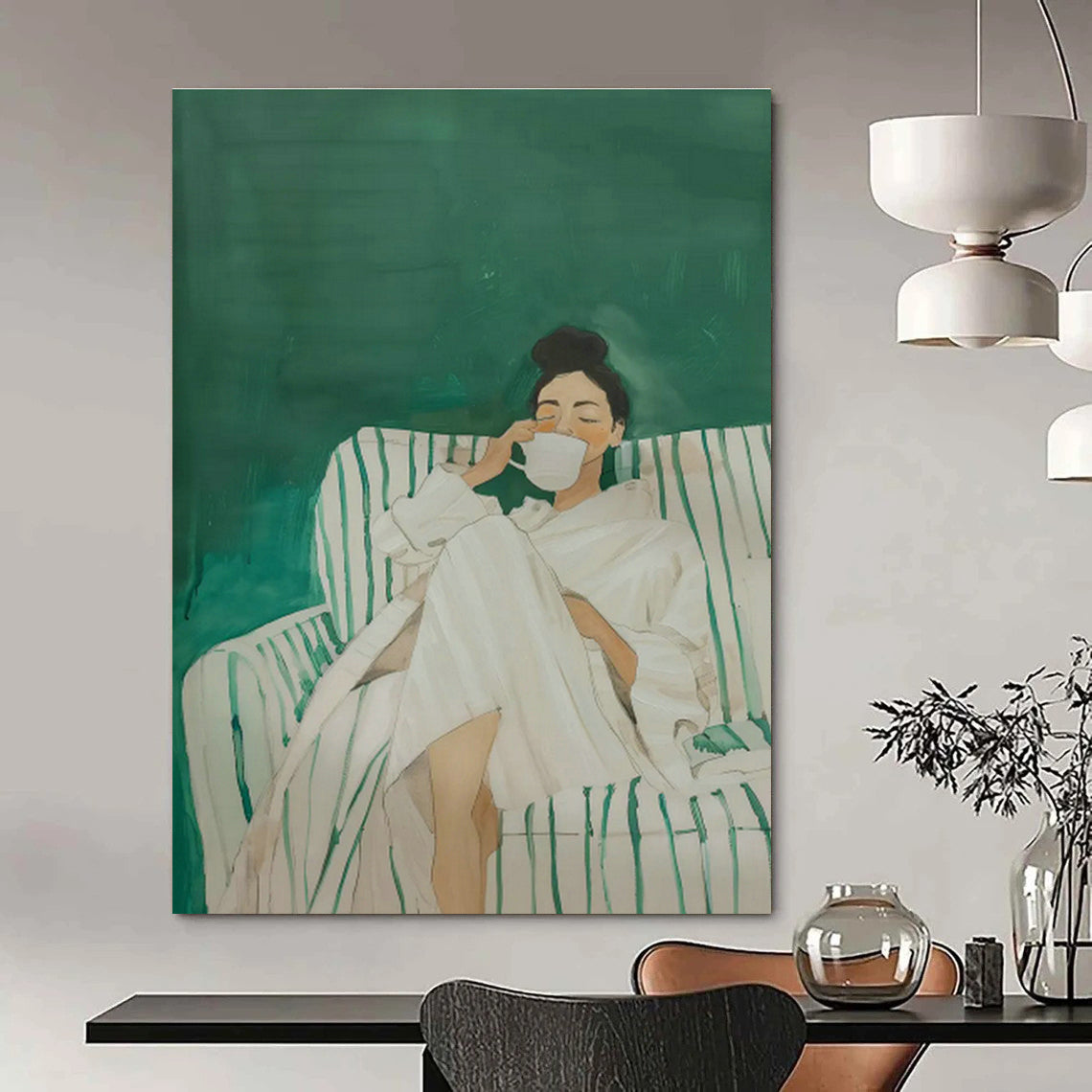 Woman in White Robe on Green Sofa Art for Spa Retreat & Cozy Bedroom DLZ0690