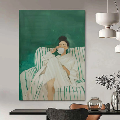 Woman in White Robe on Green Sofa Art for Spa Retreat & Cozy Bedroom DLZ0690
