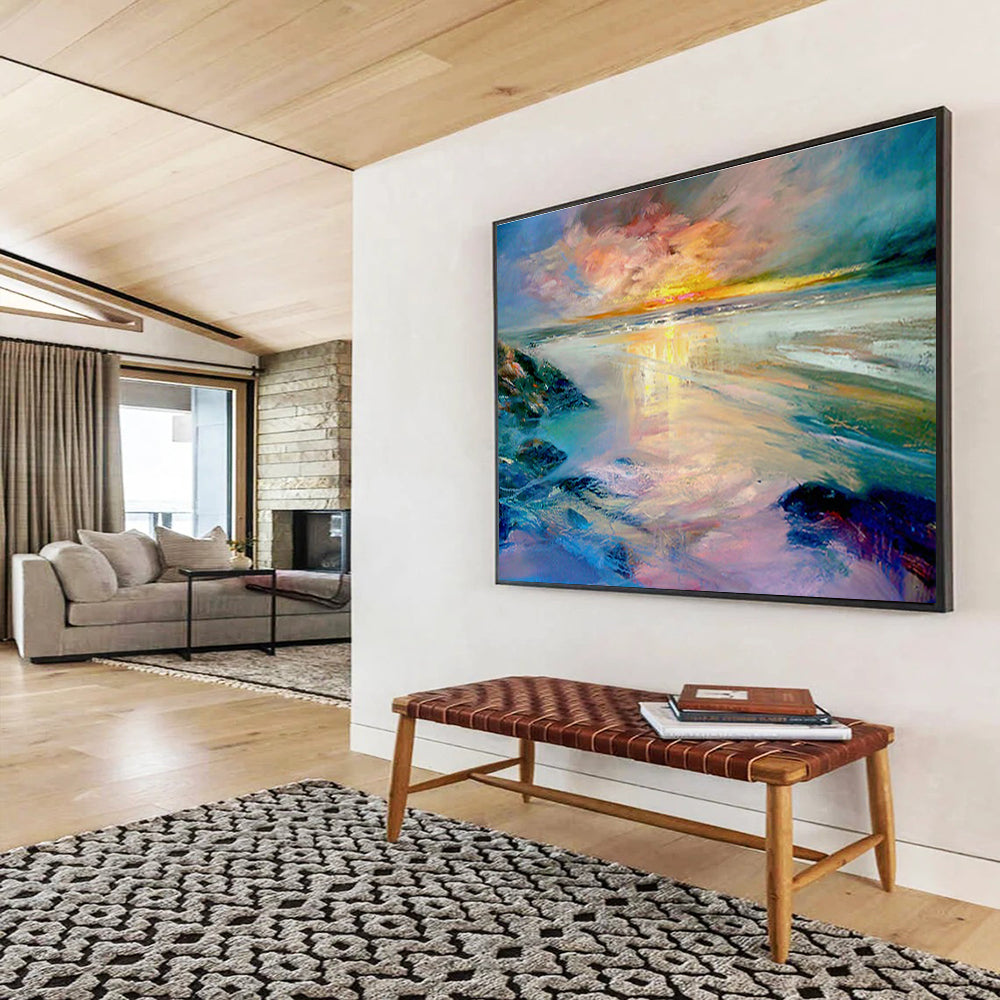 Beach Sunset Oil Painting for Coastal Home Living Room Fireplaces DLZ2597