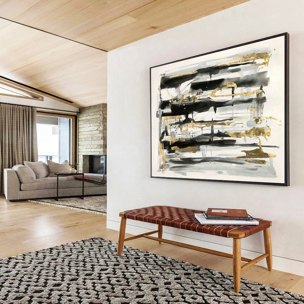 Black - Gray - Gold Abstract Art for Luxury Hotel Lobby Feature Walls DLZ3230