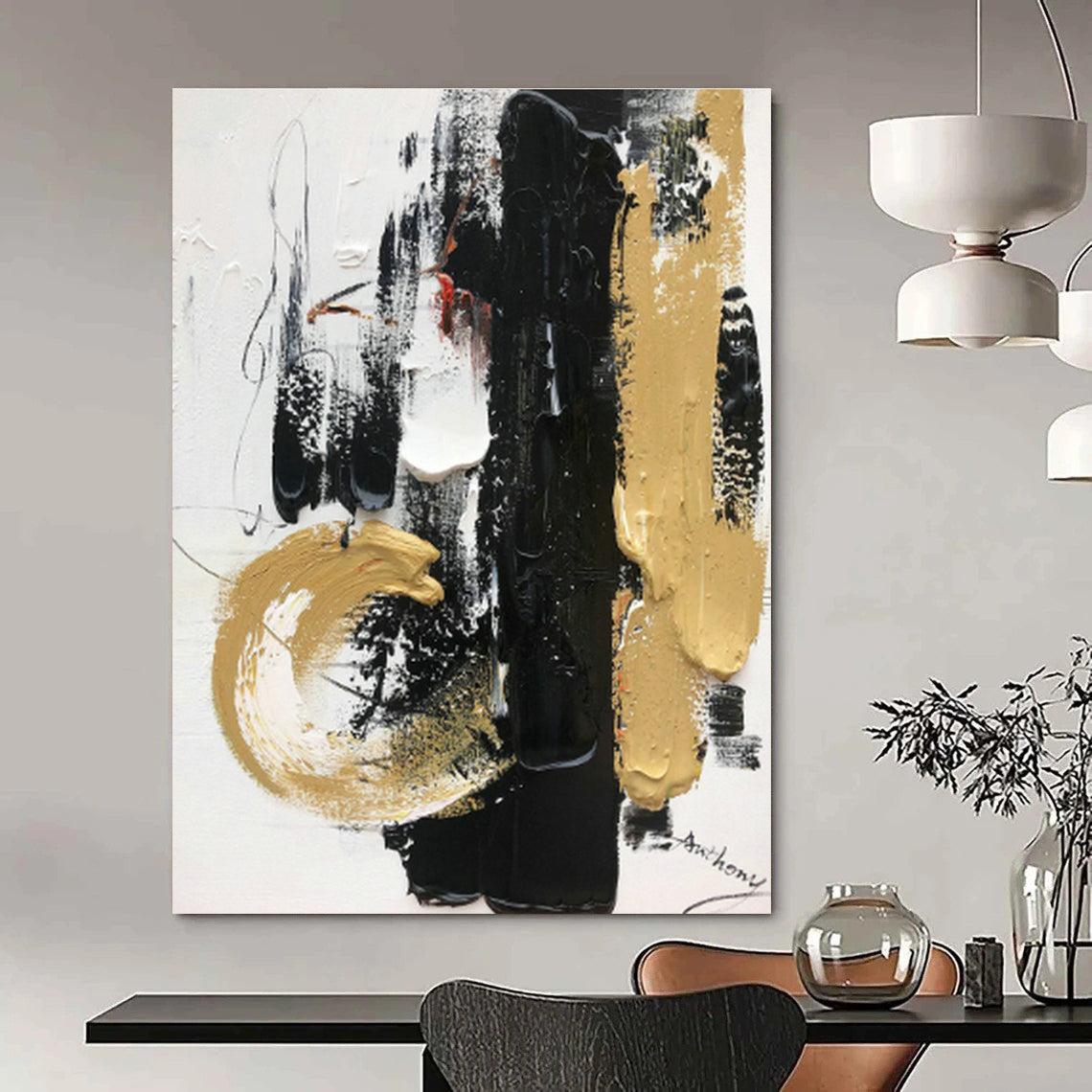 Black, White & Gold Abstract Art for Luxury Hotel Lobby & Sophisticated Home Office DLZ0820