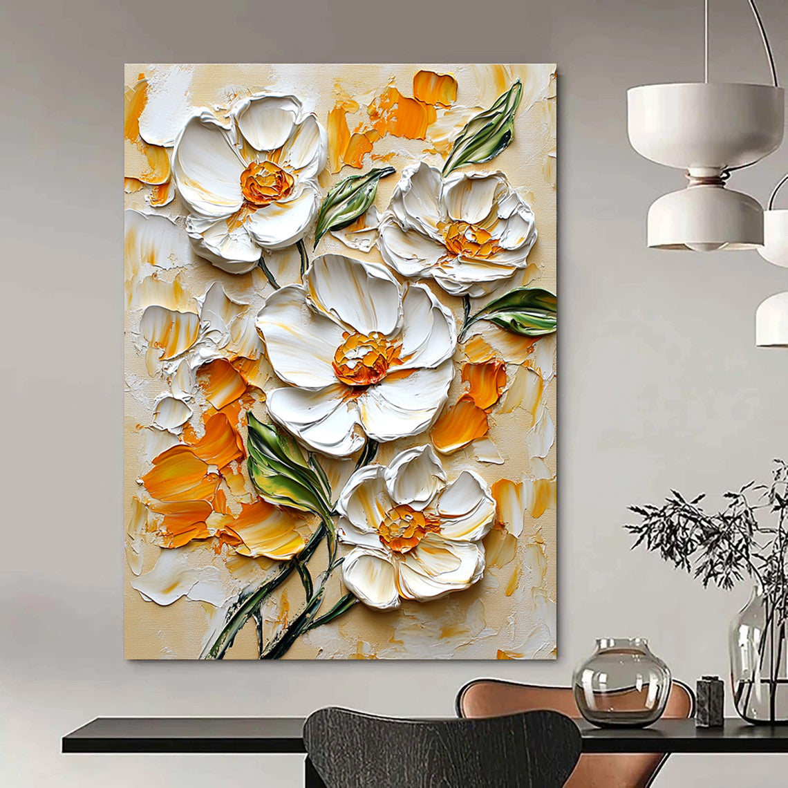 Textured White Flowers Art for Floral - Themed Spa & Elegant Dining Room STSC1397