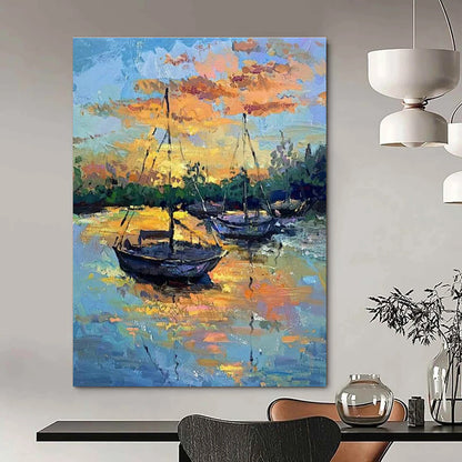 Sunset Sailboats Oil Art for Lakeside Home Dining Rooms & Porch - Facing Lounge Areas DLZ0294