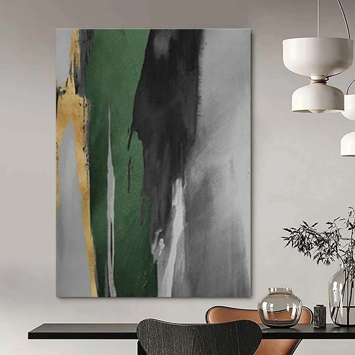 Gold - Green Ink Abstract for Modern Asian - Inspired Home & Art - Centric Corporate Lobby DLZ0939