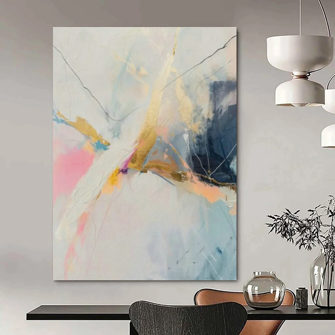 Gold - Pink Abstract Line Art for Modern Office Reception & Luxury Boutique DLZ1002