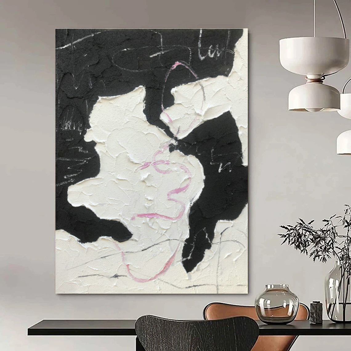 Black - Pink Textured Abstract Art for Trendy Café & Fashion Boutique DLZ0784