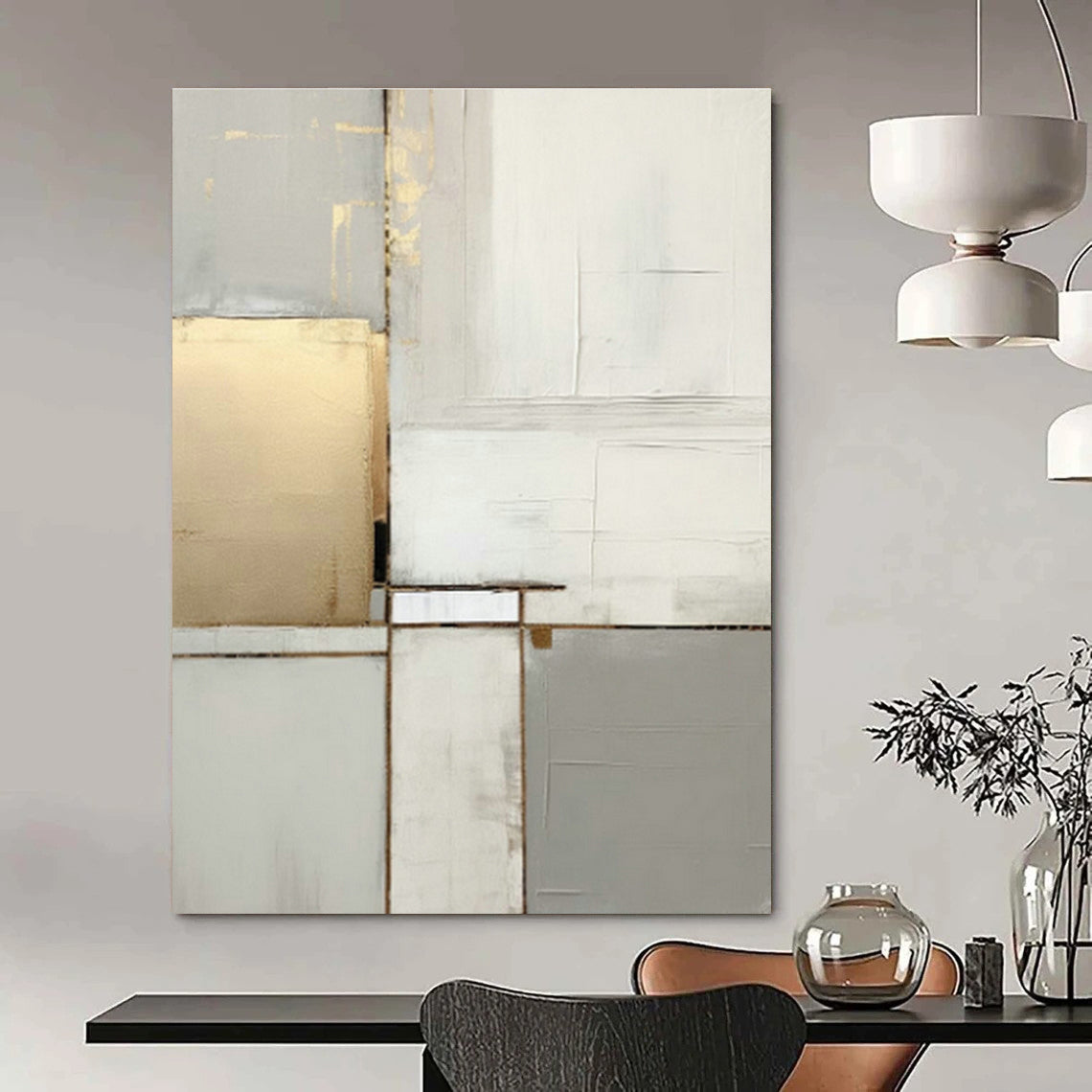 Gray - White - Gold Blocks Abstract Art for Office & Luxury Home DLZ0586