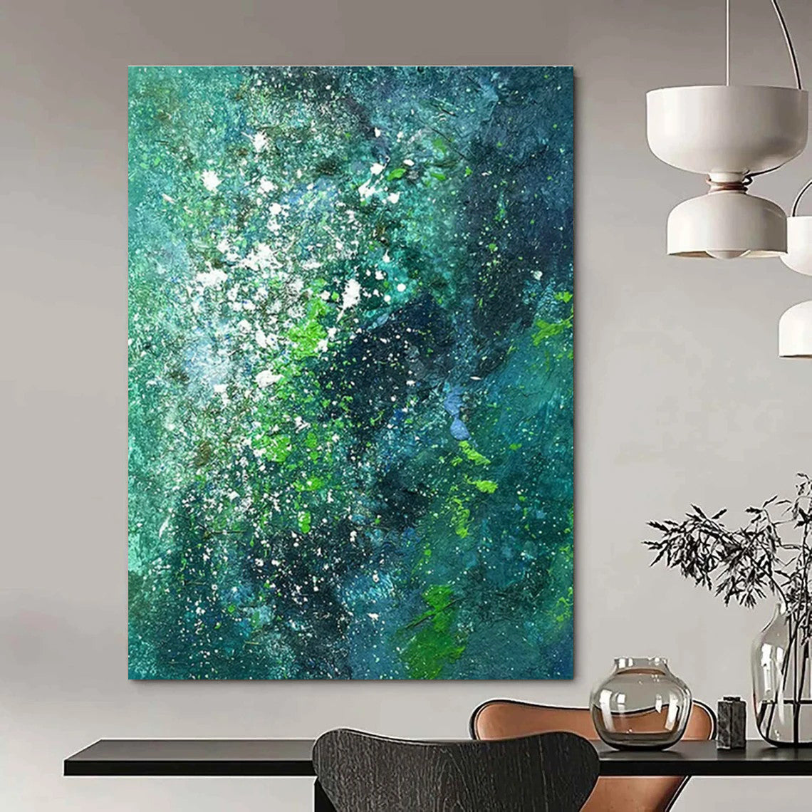 Blue and Green Splatter Abstract Art for Coastal Restaurant & Bohemian Home Bedroom DLZ1593