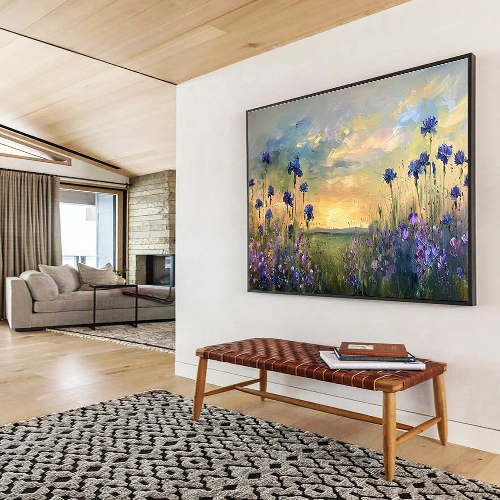 Blue - Purple Flower Field Oil Painting for Countryside Wedding Venue Backdrops DLZ3203