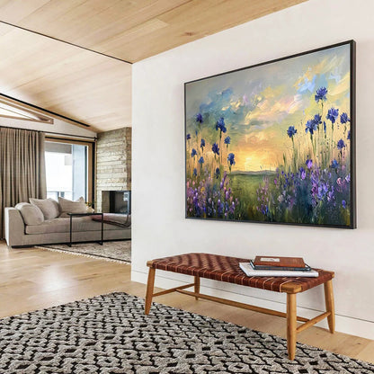 Blue - Purple Flower Field Oil Painting for Countryside Wedding Venue Backdrops DLZ3203