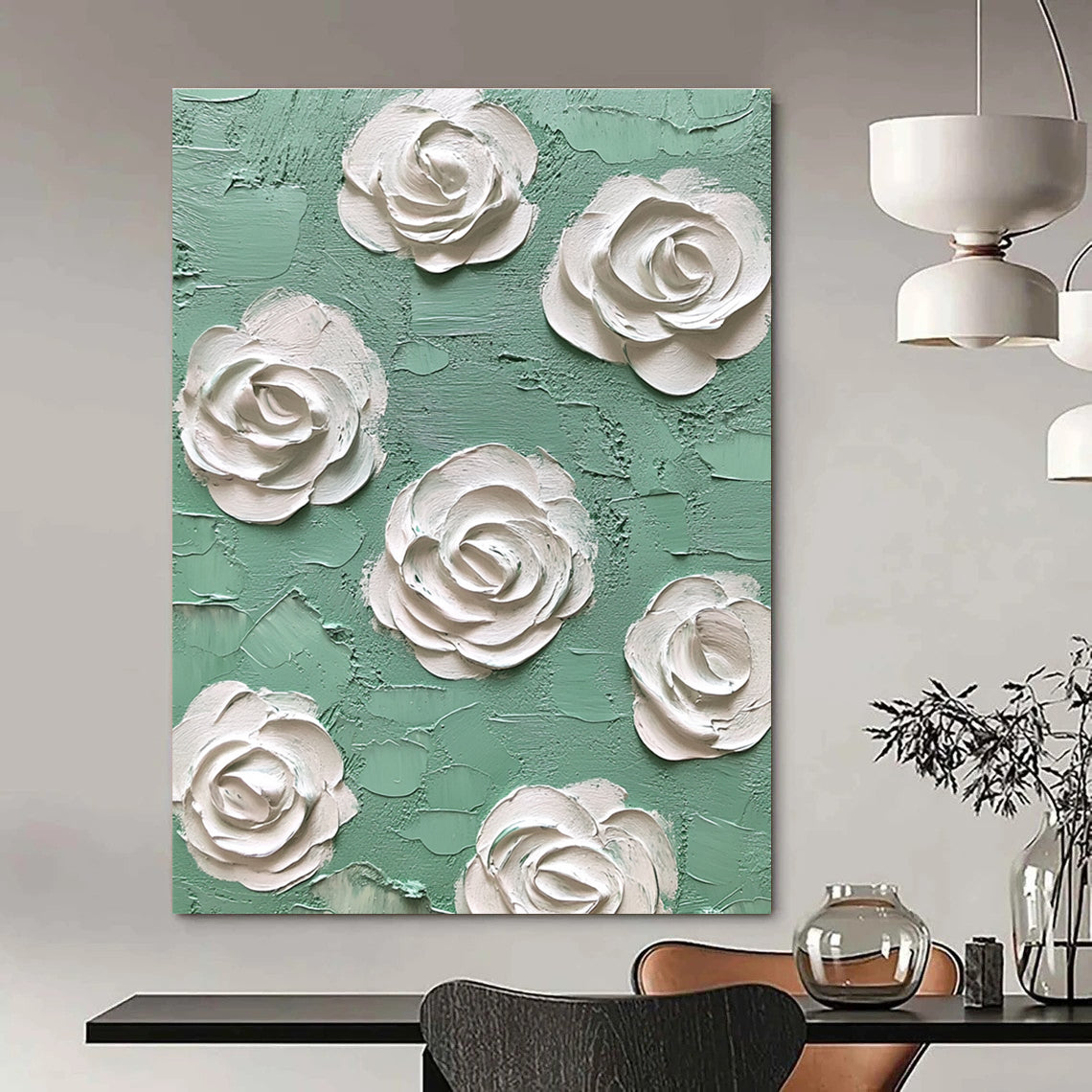 Textured White Roses on Green Art for Romantic Bedroom & Floral - Themed Café STSC1350
