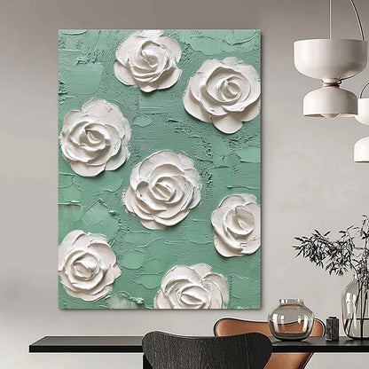Textured White Roses on Green Art for Romantic Bedroom & Floral - Themed Café STSC1350