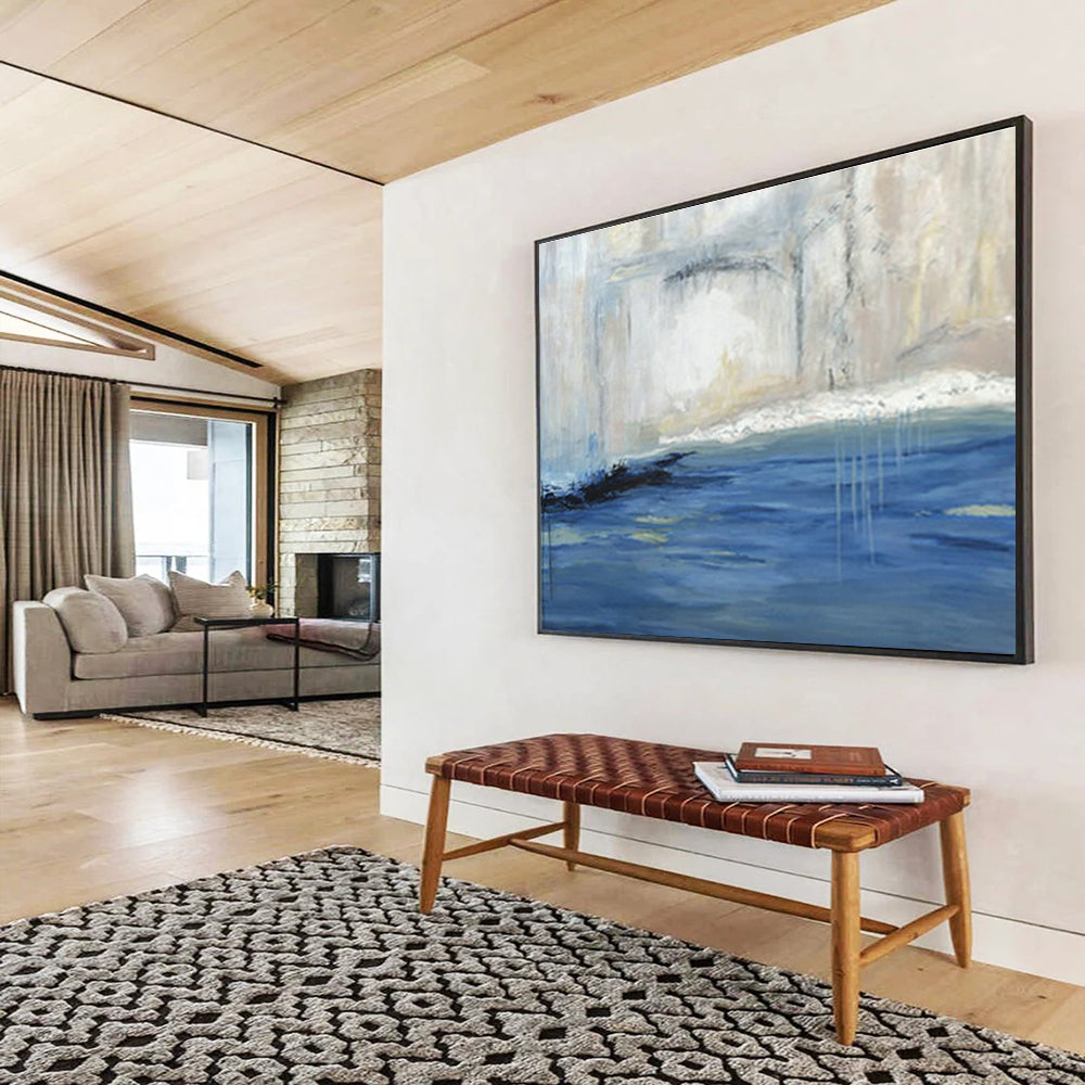 Serene Blue - White Waterfall Abstract Painting for a Peaceful and Focused Study Sanctuary DLZ2786