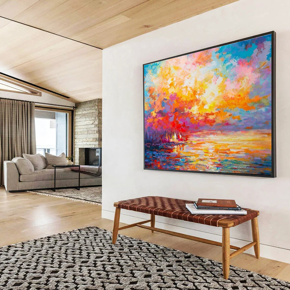 Vivid Sunset Lake View Abstract Art for Cozy Living Room DLZ2793