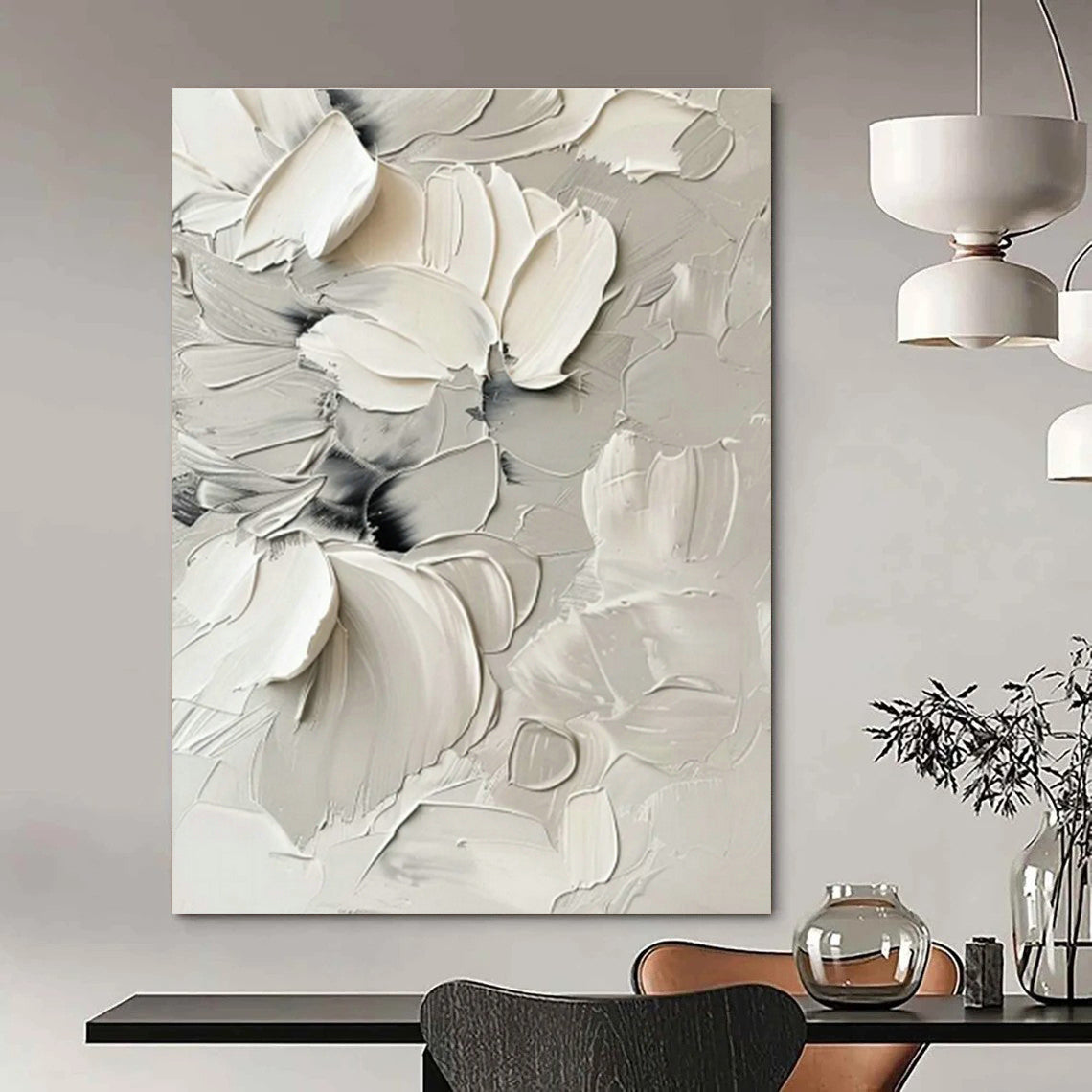 White Floral Textured Abstract Art for Romantic Wedding Venue & Feminine Home Bedroom DLZ0828