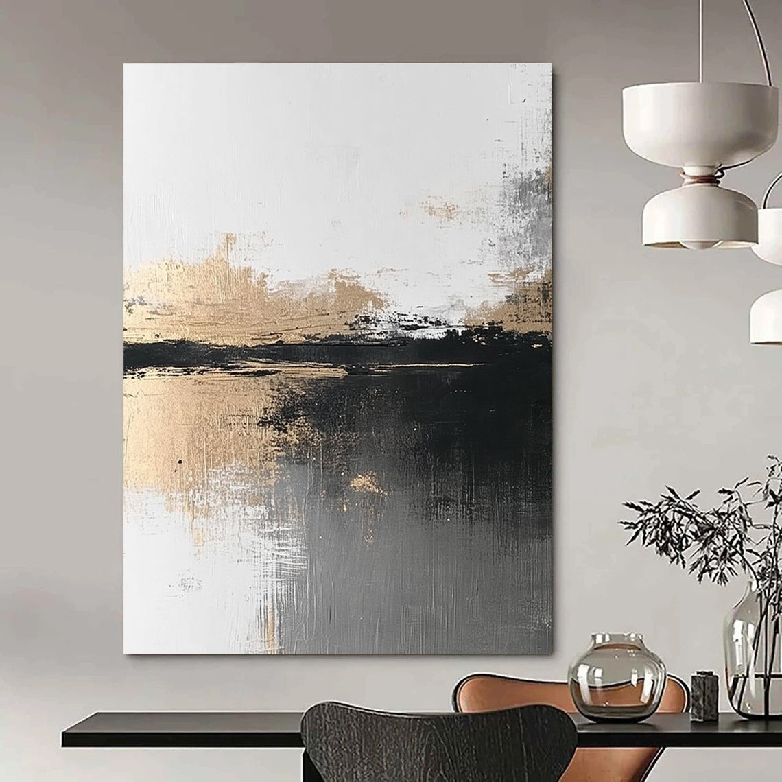 Black, White, and Gold Abstract Landscape for Minimalist Home Office & Art - Centric Lounge STSC387