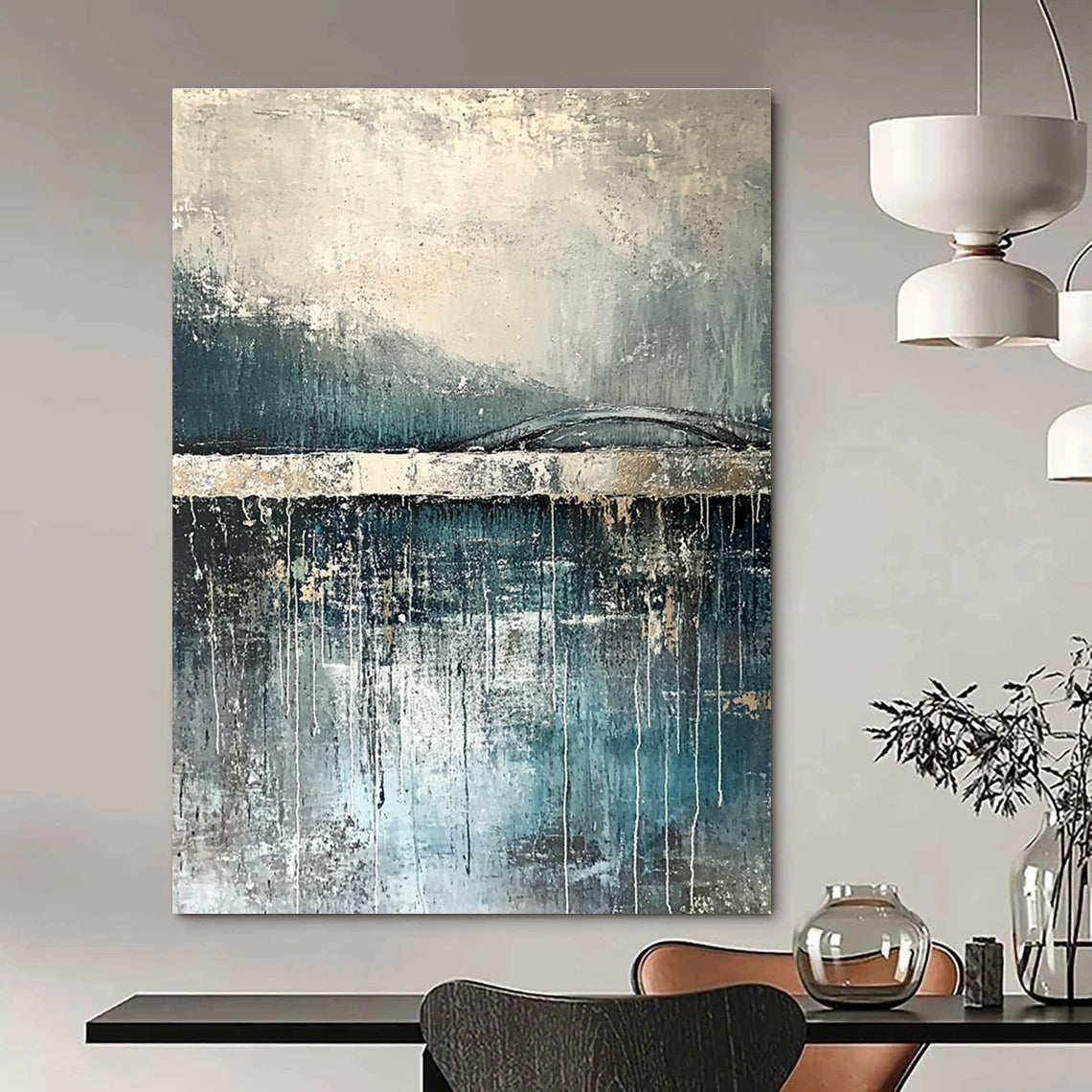 Gray and Blue Abstract Bridge for Rustic Home & Thoughtful Reading Nook STSC326