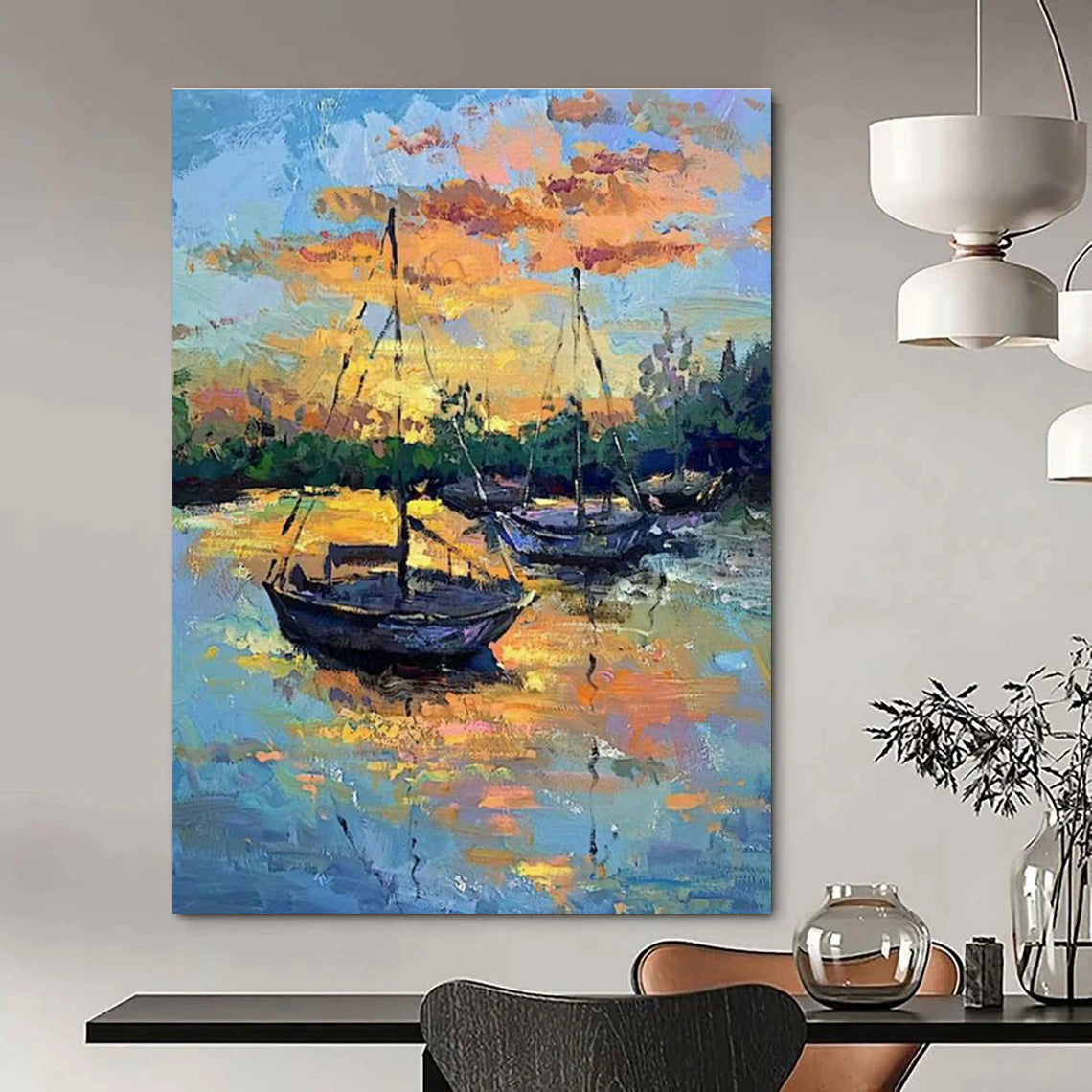 Sunset Sailboats Oil Art for Living Room & Cottages DLZ0321