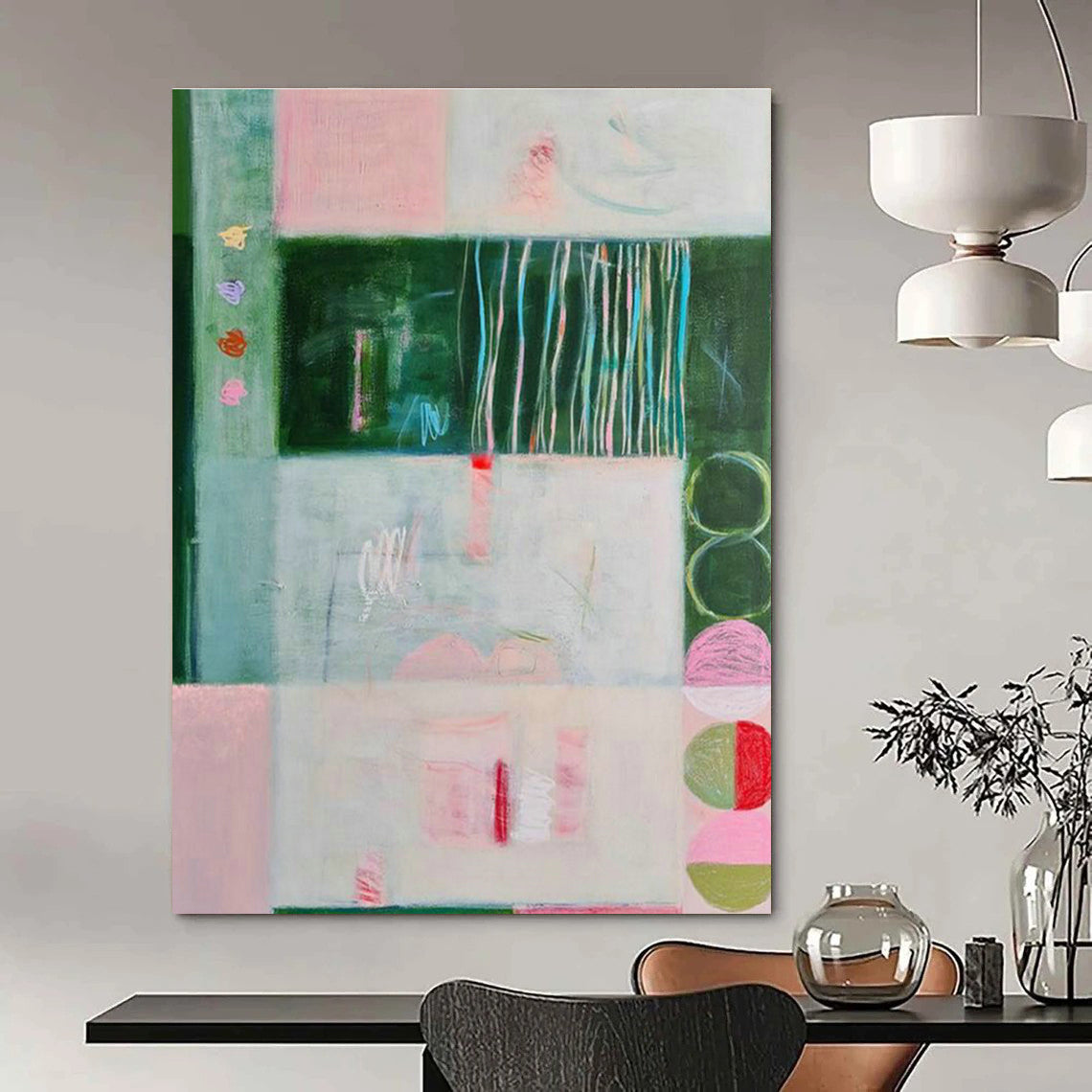 Pink - Green Geometric Art for Eco - Friendly Café Walls DLZ0145