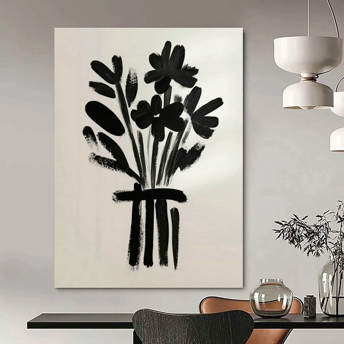 Black Floral Bouquet Art for Minimalist Dining Room & Monochrome Retail Store DLZ0698