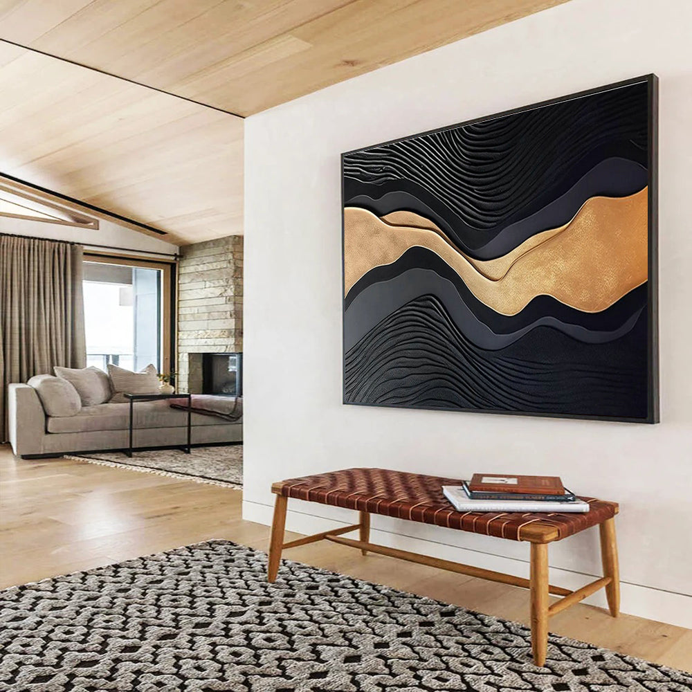 Black & Gold Wave - Shaped Relief Art for Luxury Hotel Lobbies DLZ2533