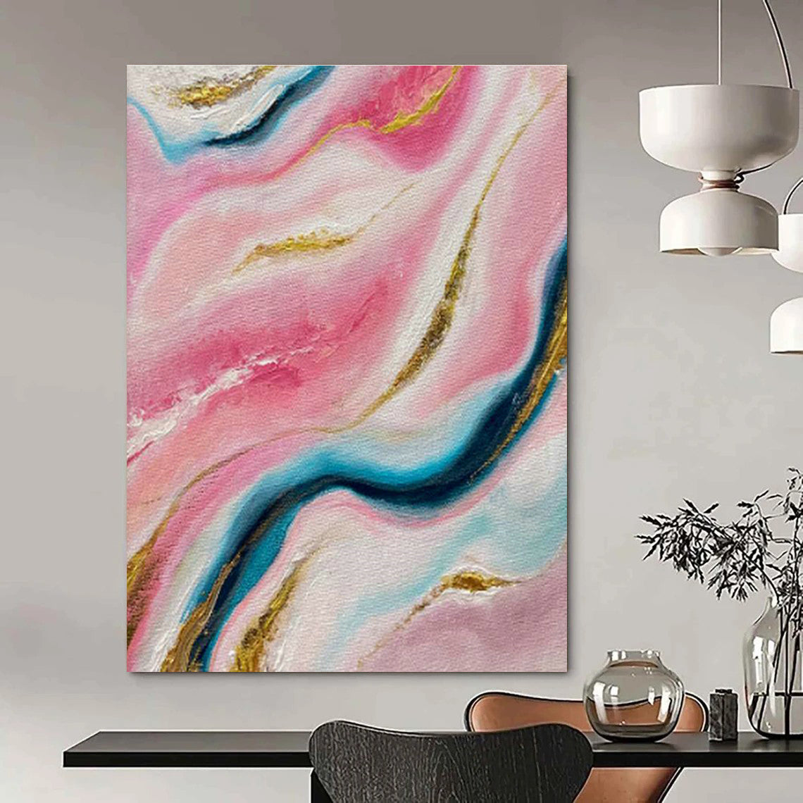 Pink - Gold - Blue Abstract Art for High - End Beauty Salon Treatment Rooms DLZ0028