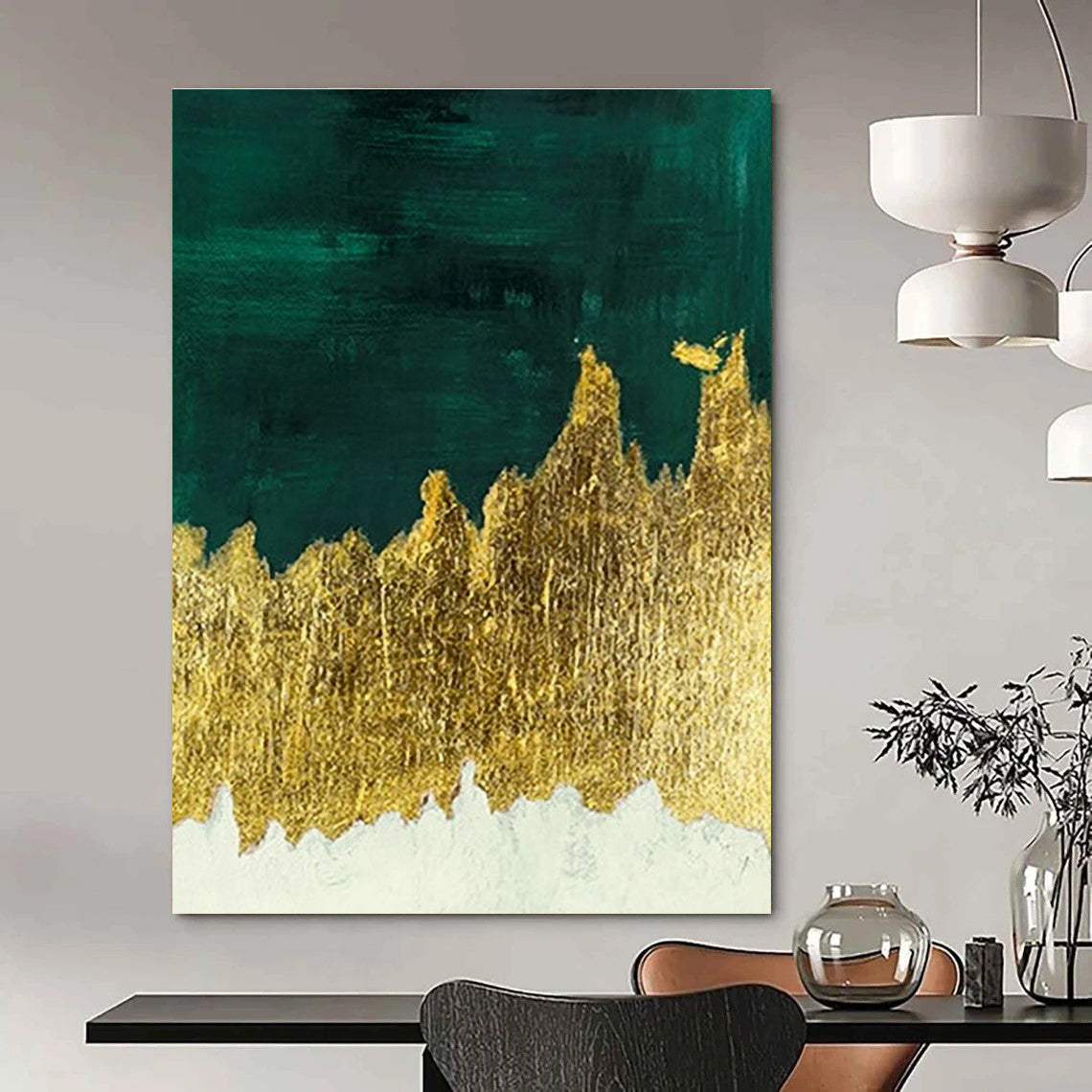 Dark Green & Gold Foil Abstract Art for Luxury Hotel Lobby & Art Deco Home DLZ1342