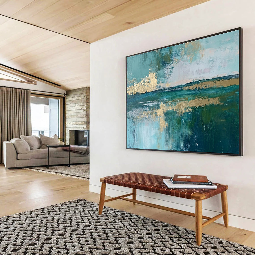 Teal Coastal Abstract Art for Beach - Themed Boutique Hotel Room & Artistic Coastal Café SC115