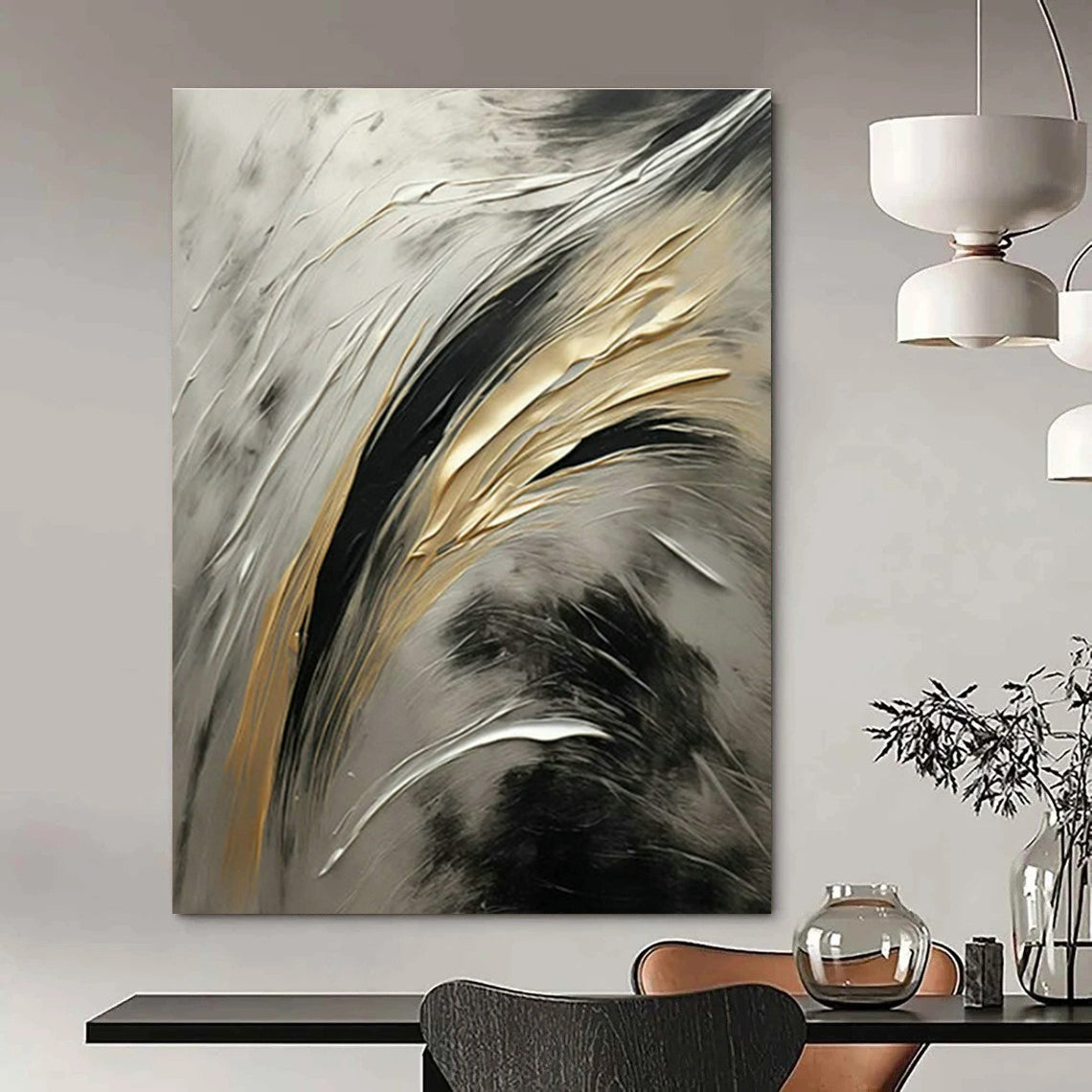 Gold - Silver - Black Abstract Art for Luxury Penthouse & High - End Art Event DLZ1719