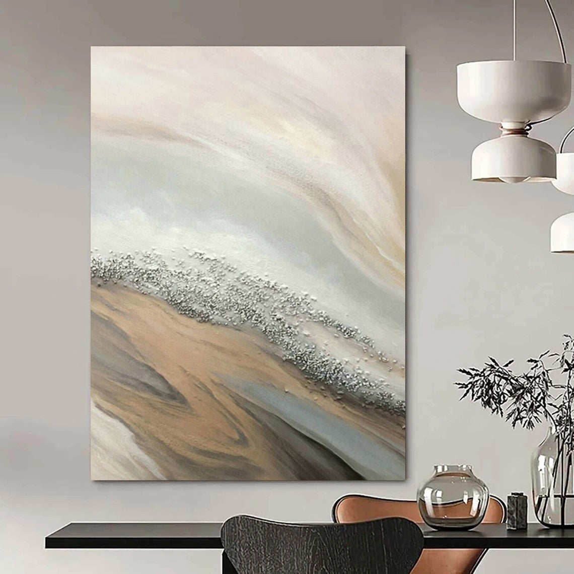 Beige - Silver - Gold Wave Abstract Art for Coastal Home & Beachfront Restaurant DLZ1235
