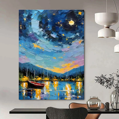 Starry Night Boat Scene Oil Art for Living Room & Cottages DLZ0302